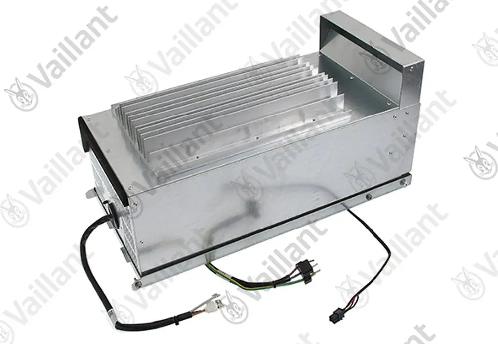 Elektronischer Regler von Vaillant mit Kühlrippen und Anschlüssen, auf einem metallischen Gehäuse montiert. Gezeigt in einer neutralen Umgebung.